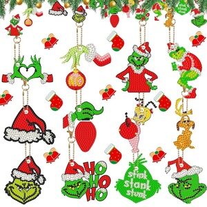 Grinch-Themed Diamond Bead DIY Craft Festive Christmas Ornaments 12 Piece Set